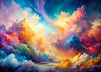 Fototapeta premium Ethereal whimsy unfolding on textured canvas vibrant palette swirling cloudscape dreamy soft focus abstract expressionist brushstrokes mixed media fusion.