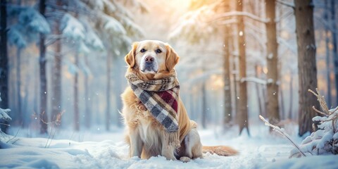 Frosted forest scenery with serene snowflakes gently falling around a cozy golden retriever wrapped in warm scarf and boots, evoking warm nostalgic feelings, candid