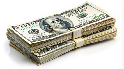 A neatly organized stack of hundred-dollar bills rests on a plain white background, representing financial prosperity and the value of currency. The bills are bundled for clear visibility