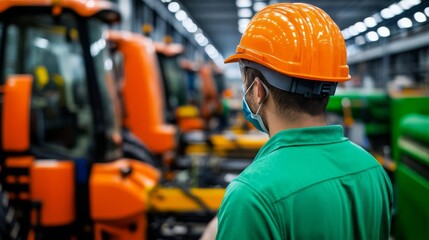 Workers in a factory assembling agricultural equipment, industrial production, farm machinery