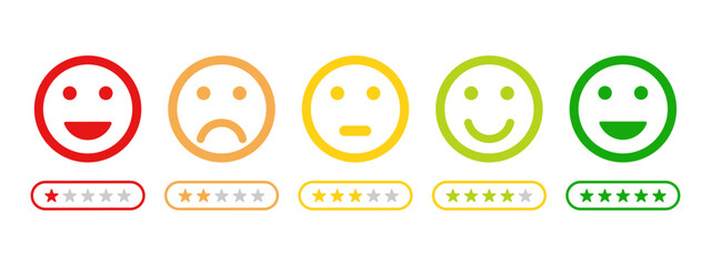 rating emojis set in different colors outline, feedback emoticons collection, sad and very sad emojis