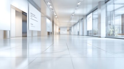 Sleek and Contemporary Empty Exhibition Space with Clean Lines, Polished Flooring, and Blurred Signage Awaiting Visitors