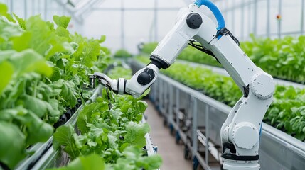 Robotic arms assembling advanced greenhouse equipment, tech in farming, automated assembly