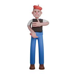 Professional 3D Male Painter. An artist stands while holding a black briefcase to his chest with one hand, while the other hand is extended forward. Artistic Character