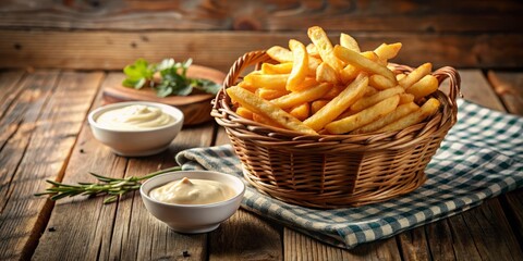 Golden hour warm cozy crunchy crispy fries overflowing from a wicker basket surrounded by vintage denim napkins and rustic wooden boards oozing creamy tangy aioli dip