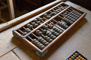 Chinese wooden abacus in the old room, traditional calculating tool