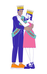 Prom queen king high school dance 2D cartoon characters. Crowns on heads. Interracial couple prom highschool adolescents isolated people flat vector on white background. Spot illustration colorful © IMG visuals characte