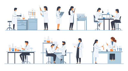Scientists in laboratory wearing  lab coats flat style illustration set isolated on a white background