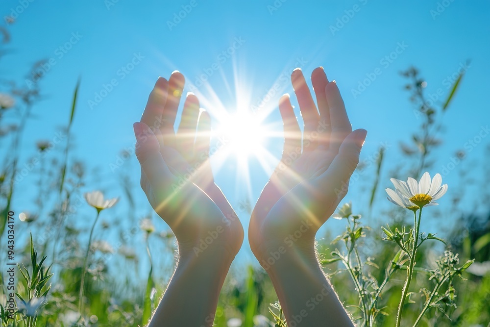 Wall mural hands cupping sunlight in blue sky, green grass, daisy flowers