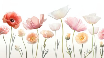Fototapeta premium A row of flowers with a white background
