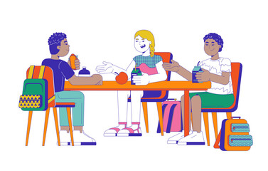 Diverse kids eating lunch together 2D cartoon characters. Pre-teen girl boys lunchtime lunchbreak schoolkids canteen table isolated people flat vector on white background. Spot illustration colorful