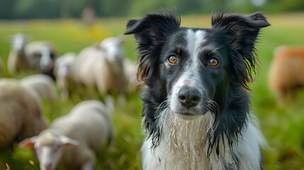 Fototapeta premium A Border Collie herding sheep on a farm, its intense gaze and quick movements showing its focus and expertise in guiding the flock