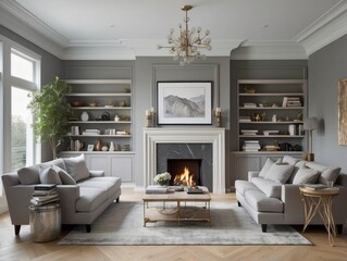 Fototapeta premium Contemporary Living Room with Fireplace and Gray Couches