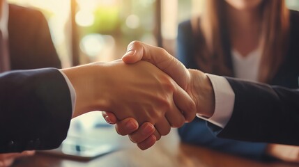 Close-up of a handshake between business partners, symbolizing agreement and collaboration in a professional setting.