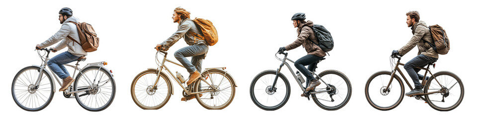 Cyclists on mountain bikes realistic 3D illustration outdoor adventure transparent background