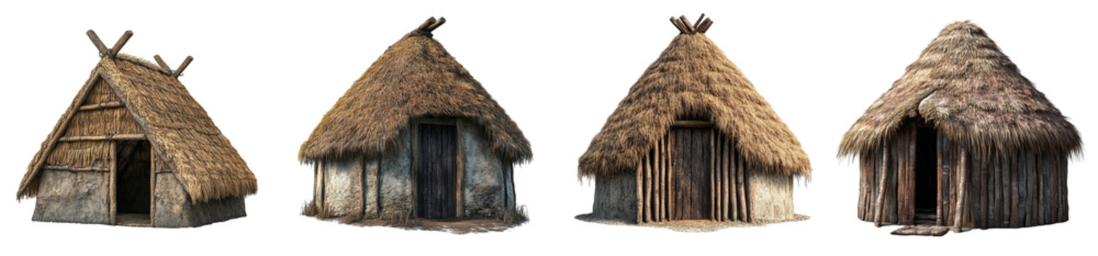 Primitive huts with thatched roofs ancient village shelters 3D illustration transparent background