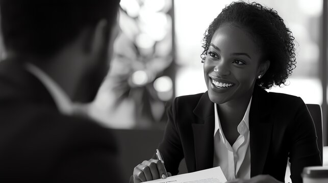 A confident woman engages in a professional conversation, showcasing effective communication skills in a corporate setting.
