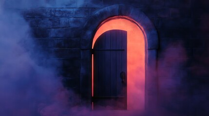 Fototapeta premium Mysterious arched door with glowing light and fog creating an eerie atmosphere. Perfect for horror and fantasy themes.