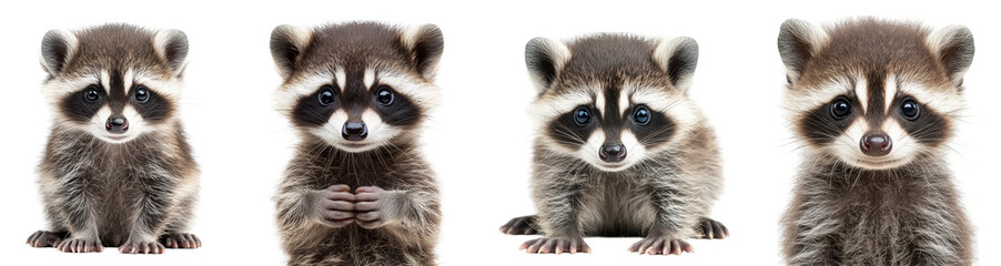 Obraz premium Cute baby raccoons with big eyes sitting in various poses adorable animal wildlife transparent background