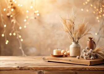 Minimalist serene calmness juxtaposed rustic wooden accents, blurred background, warm beige tone, and shallow depth of field emphasizing texture and simplicity.