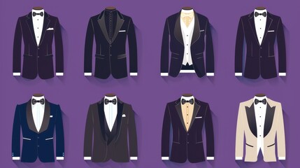 A refined set of men's tuxedo jackets in vector format, featuring formal wear designs isolated on a deep purple background. 