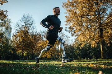 Man with prosthetic leg running in park during autumn