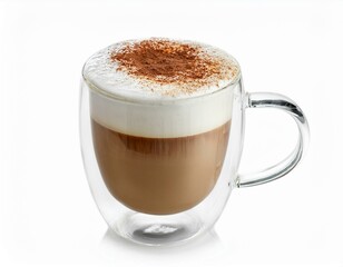 Obraz premium Foamy coffee cappuccino with wiped milk and coco powder on top, in double glass mug isolated on white background.ai generated