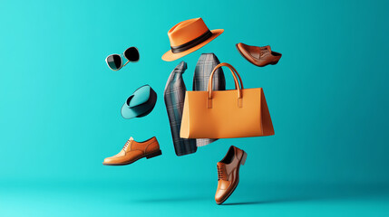  The 3D render features an array of stylish men's accessories floating against a pastel blue background.