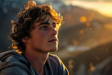 Backlit portrait of calm kind face of a young man against the backdrop of low mountains and sunlight. The concept of mental health.