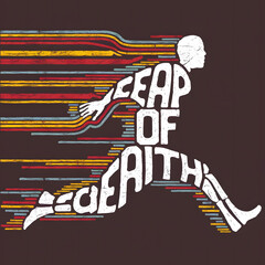 Naklejka premium Leap of Faith - Jumping Figure Shaped Text T-Shirt Design Symbolizing Courage and Determination.