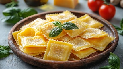 Fresh Ravioli pasta on table.