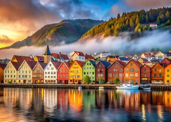 Obraz premium Moody Norse Revivalism capturing misty morning light dancing across intricate wooden facades of Bergen's colorful Bryggen Wharf houses, blending Nordic rusticity with urban bustle