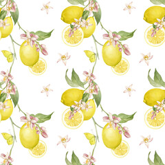 Seamless pattern with lemons watercolor illustration isolated. Patten for printing and textiles, packaging design.