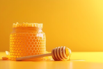 Golden Honey Jar with Dipper on Yellow Background - Fresh and Pure Honey