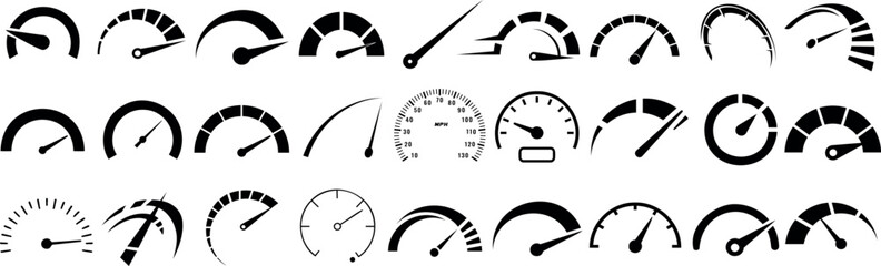 Speedometer speed vector icon set, gauge meter, dashboard elements for automotive, speed measurement. Vector set for car speed, fuel, RPM, tachometer. Black speed dials