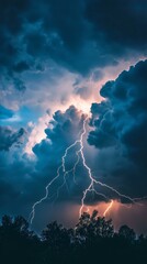 Lightning Bolts Illuminating a Dark Sky During a Heavy Storm