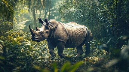 Fototapeta premium Majestic rhinoceros in dense jungle setting