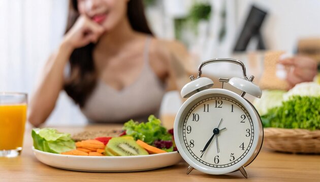Close up on clock and people feeling hungry waiting time to eat during intermittent fasting diet session, Intermittent fasting concept.
