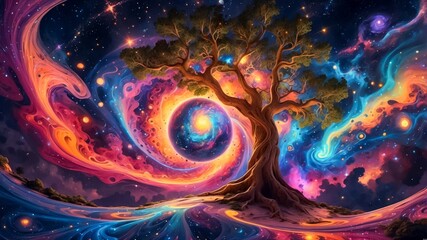 Illustration of The Ancient Cosmic Tree Glowing with Radiant Light. A Majestic Cosmic Network Spanning the Universe, Interconnected by Luminous Nebulae and Energy Threads. Cosmic Energy.