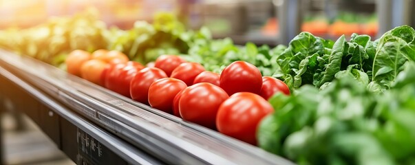 Conveyor belt packaging fresh produce in an industrial agricultural facility, food industry, mass production