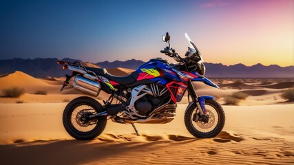 Obraz premium A Rugged Dakar Adventure Bike. Vast Desert Rally. Crossbike. Paris Dakar Bike Race. Enduro Tour. Enduro Bike. Crossing the Desert with Motorbike.