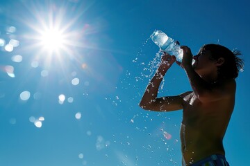 Thirsty boy drinking water. Hot day. Young male drinking fresh water from plastic bottle against blue sky. Jogging, sport, cardio, healthy lifestyle. Refreshing. Low angle view. Summer heat.