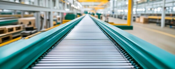 Fototapeta premium Conveyor belt assembling advanced irrigation systems in a large-scale factory, water-efficient agriculture, modern farming