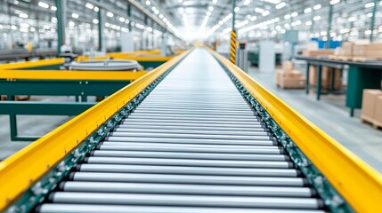 Conveyor belt assembling advanced irrigation systems in a large-scale factory, water-efficient agriculture, modern farming