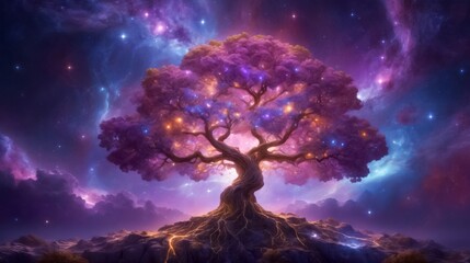 The Ancient Cosmic Tree Glowing with Radiant Light. A Majestic Cosmic Network Spanning the Universe, Interconnected by Luminous Energy Threads. Cosmic Energy.