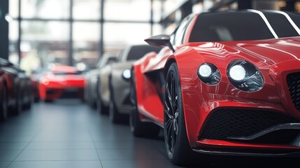 Luxury cars lineup in a showroom, with emphasis on the red car in the front. The background is blurred, highlighting the cars. Concept of luxury, individuality, discrimination