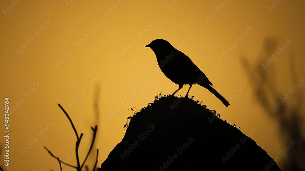 Wall mural the silhouette of a bird perched on an ant hill against a deep yellow sky. --ar 16:9 --v 6.1 job id: