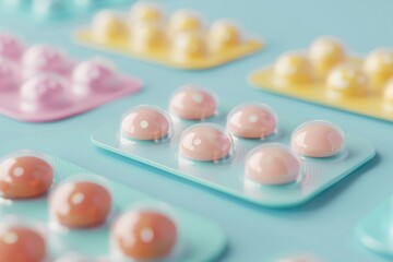 3D Cartoon Blister Packs with Pastel Colors on Blue Background - Medical and Pharmaceutical Concept