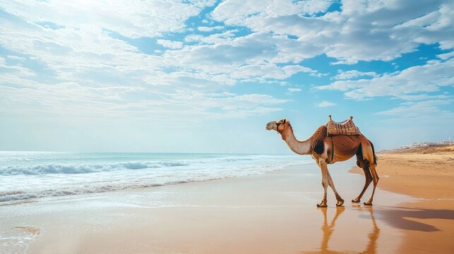 A camel making its way down a sunny Moroccan beach, with the ocean waves and bright sky framing a serene and exotic scene.