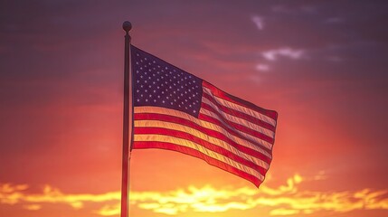 A close-up of the American flag in motion at dusk, set against a fiery sunset sky, highlighting the nation enduring spirit.